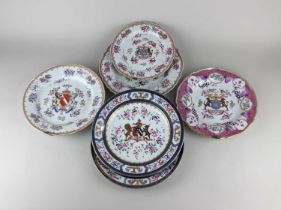 A collection of six armorial porcelain plates to include four Samson examples largest 25cm (a/f)