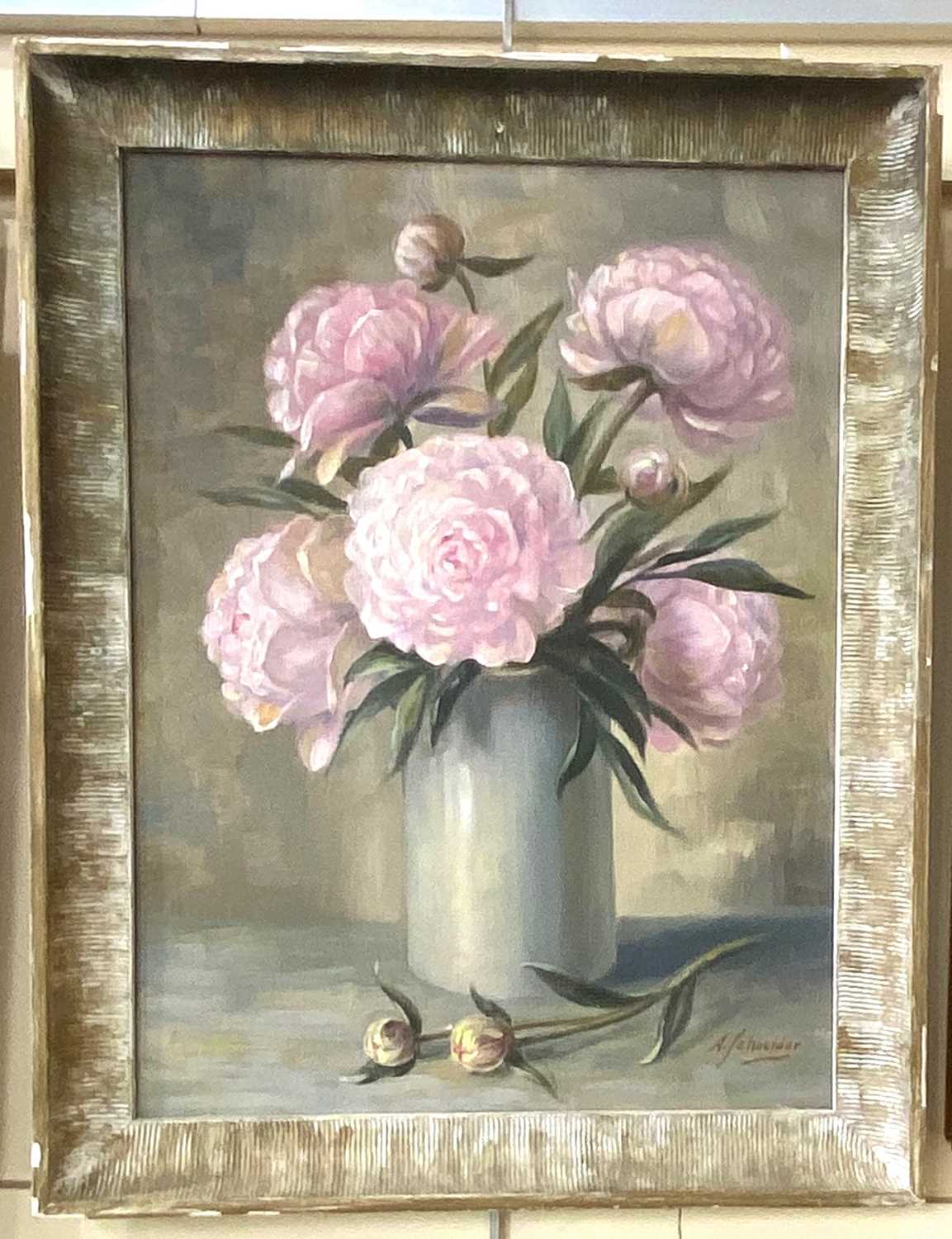 A Schneider, floral still life, pink peonies in a pottery vase, oil on canvas, signed, 39cm by 29cm