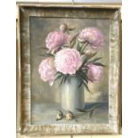 A Schneider, floral still life, pink peonies in a pottery vase, oil on canvas, signed, 39cm by 29cm