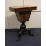 A Victorian walnut inlaid work table on carved tripod legs 45cm (a/f)