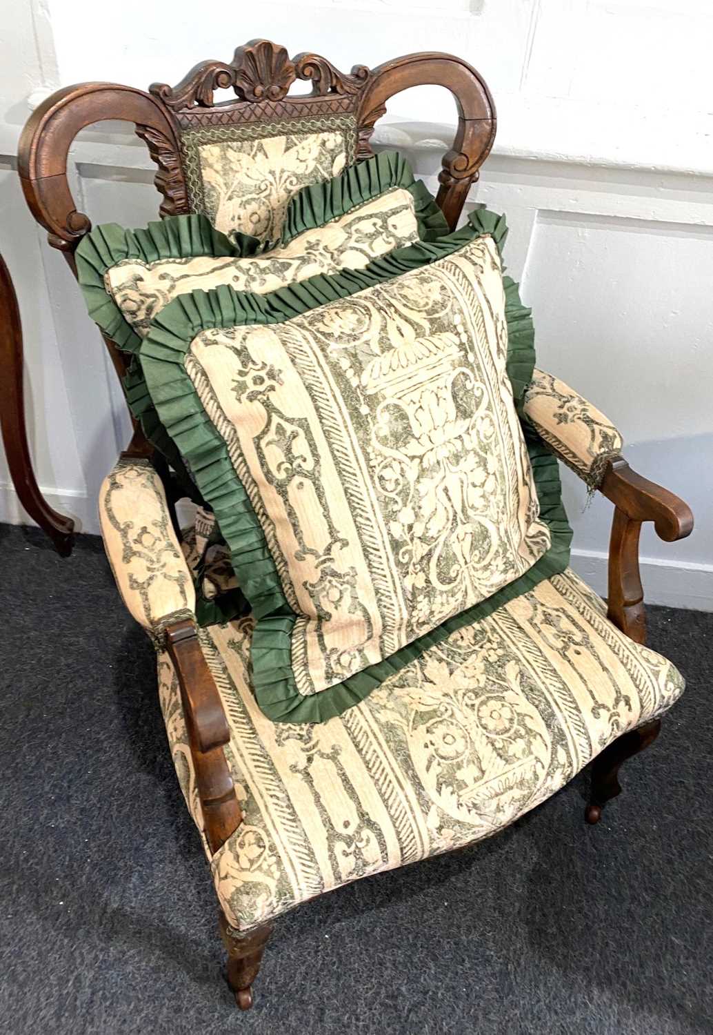 A Victorian armchair open framed back with upholstered panel and padded arms, on cabriole legs and - Image 2 of 2