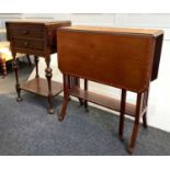 An oak drop flap side table with two drawers on baluster supports (a/f) 44cm and an Edwardian inlaid