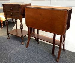 An oak drop flap side table with two drawers on baluster supports (a/f) 44cm and an Edwardian inlaid