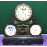 A late 19th century Belgium black marble and malachite inset calendar mantle clock, white enamel