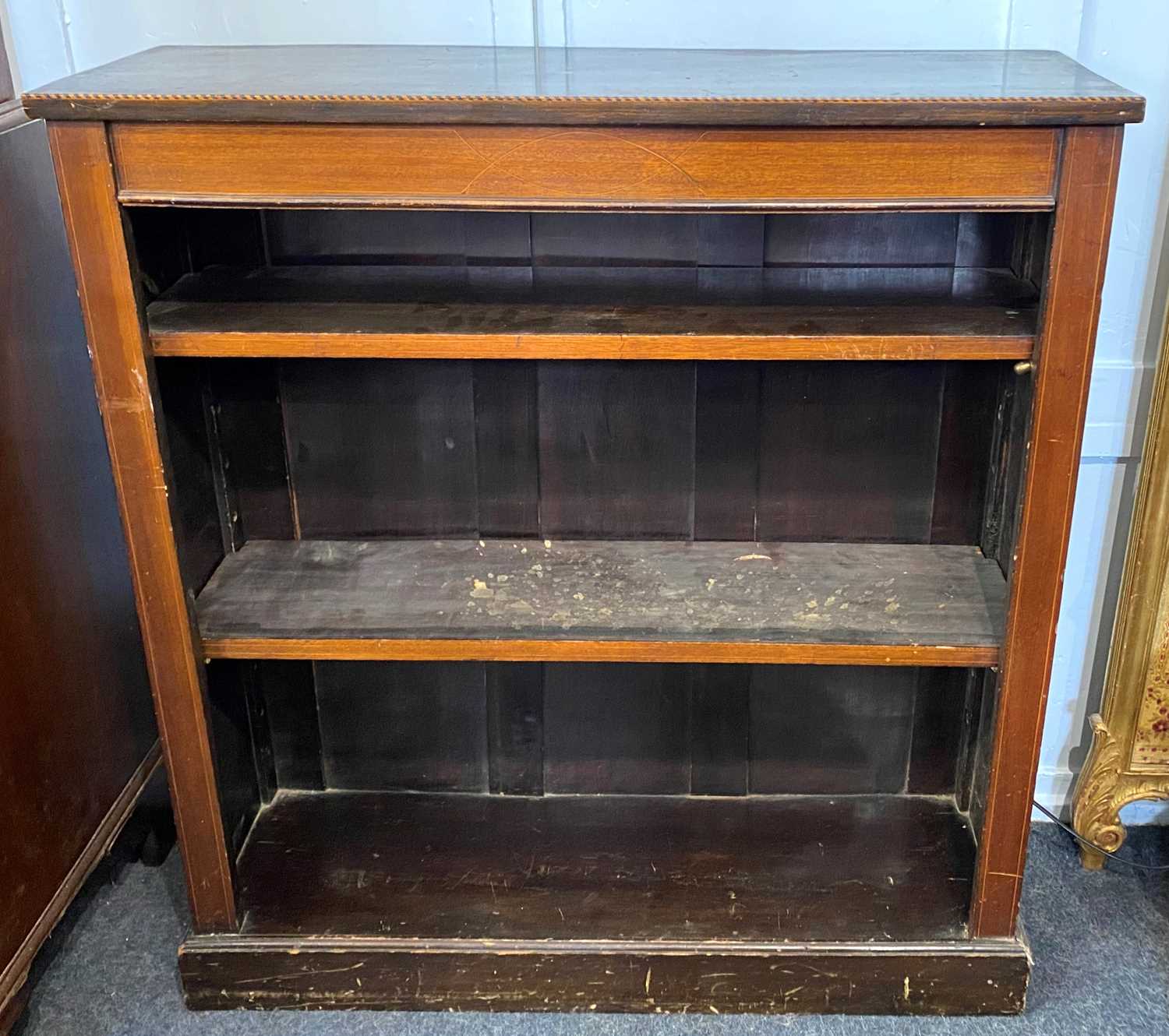 An Edwardian mahogany inlaid open bookcase with two adjustable shelves on plinth base 98cm by 89cm