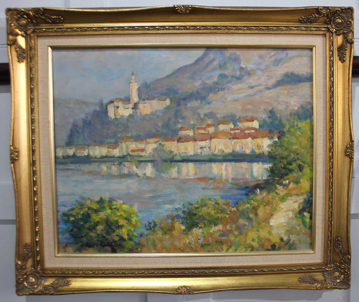 John Stephen (b 1926), Swiss lake scene, 'Morcote - Lake Lugano', oil on board, signed, verso