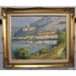 John Stephen (b 1926), Swiss lake scene, 'Morcote - Lake Lugano', oil on board, signed, verso