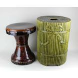 A Minton majolica bamboo garden stool of cylindrical form decorated with stylized bamboo canes