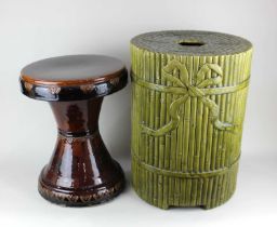 A Minton majolica bamboo garden stool of cylindrical form decorated with stylized bamboo canes