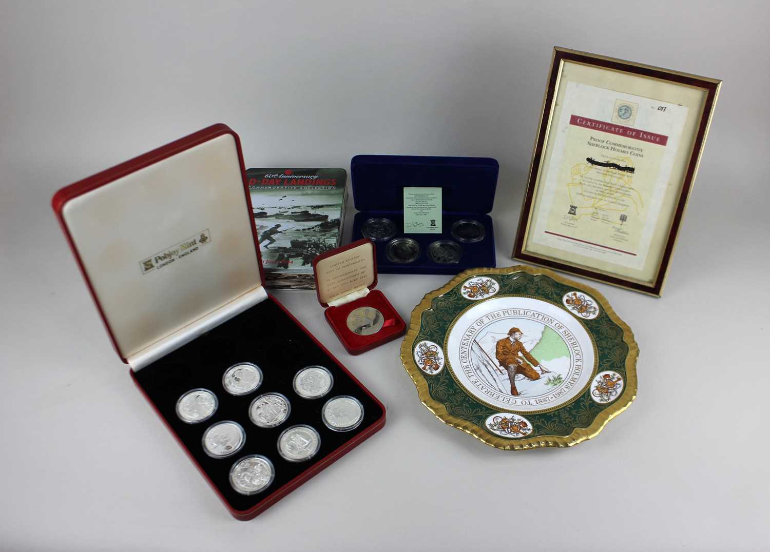 A part set of eight silver proof Commemorative Sherlock Holmes coins issued by the Gibraltar