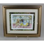 Marcia Hughes, teddy bear and doll sitting on a shelf, 'Left Behind', watercolour, signed and