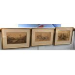 19th century school, three framed pencil sketches of various views, unsigned, each with later