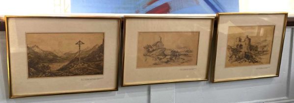 19th century school, three framed pencil sketches of various views, unsigned, each with later