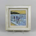 Paul Allen, beach scene with bathers in the foreground, oil on board, signed, 14.5cm by 14.5cm