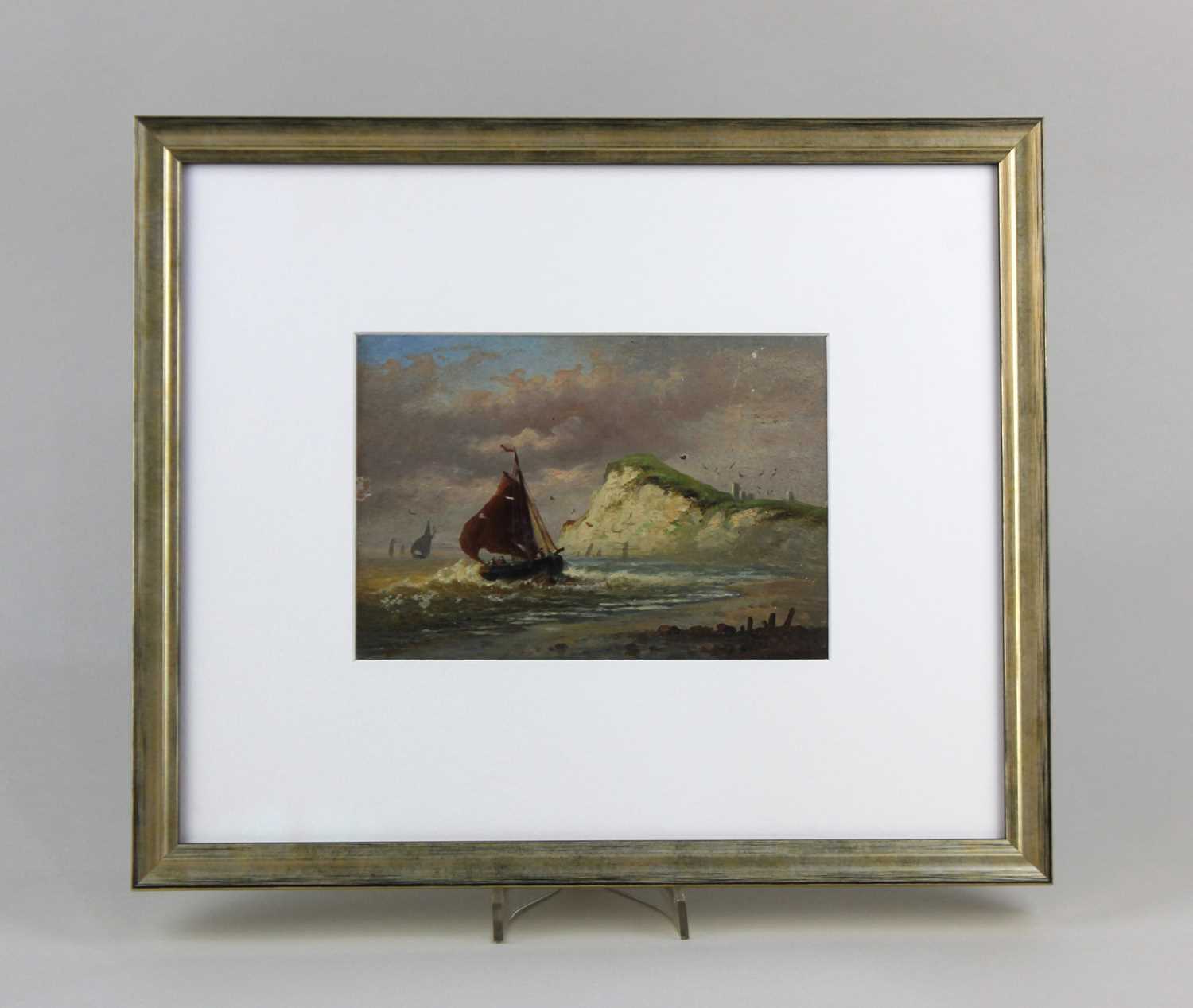 Maritime school, boats sailing off cliffs, oil, unsigned, 11.5cm by 16.5cm