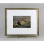 Maritime school, boats sailing off cliffs, oil, unsigned, 11.5cm by 16.5cm