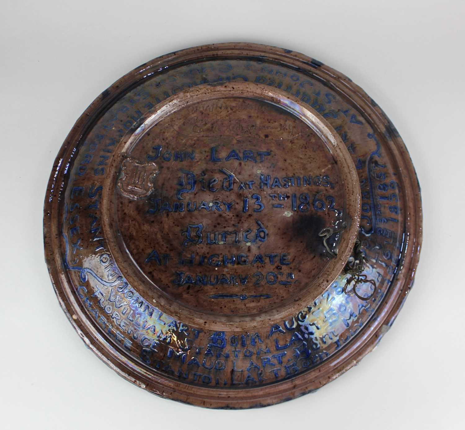 LOT WITHDRAWN A 19th Century Castle Hedingham Pottery relief moulded charger 1891 by Bingham with - Image 2 of 2