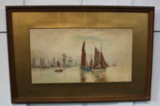 W Fox, maritime scene of boats sailing off a shoreline, watercolour, signed, 25cm by 46cm