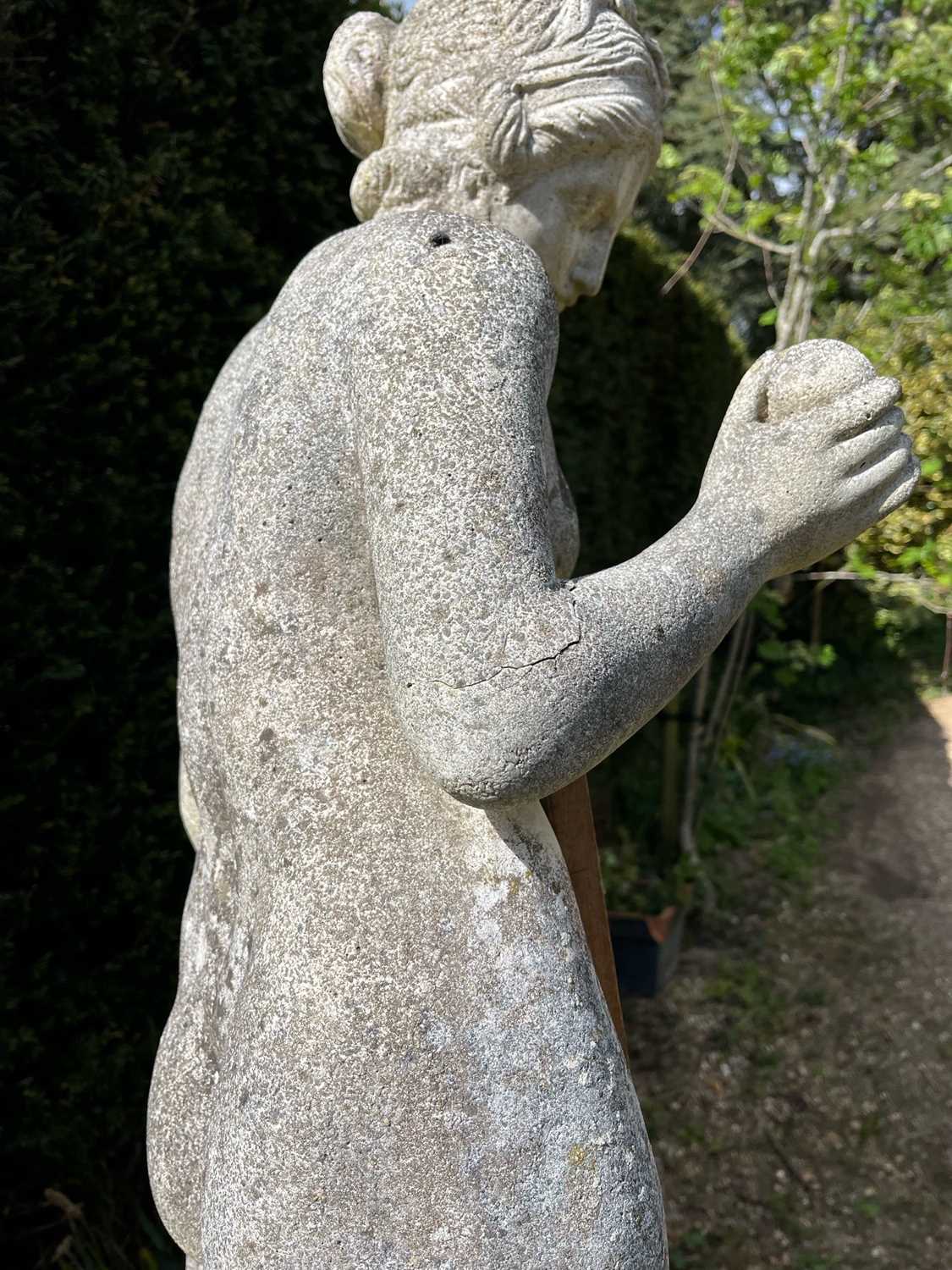 A composite stone garden statue of a classical nude figure on associated column base 196cm high - Image 3 of 3