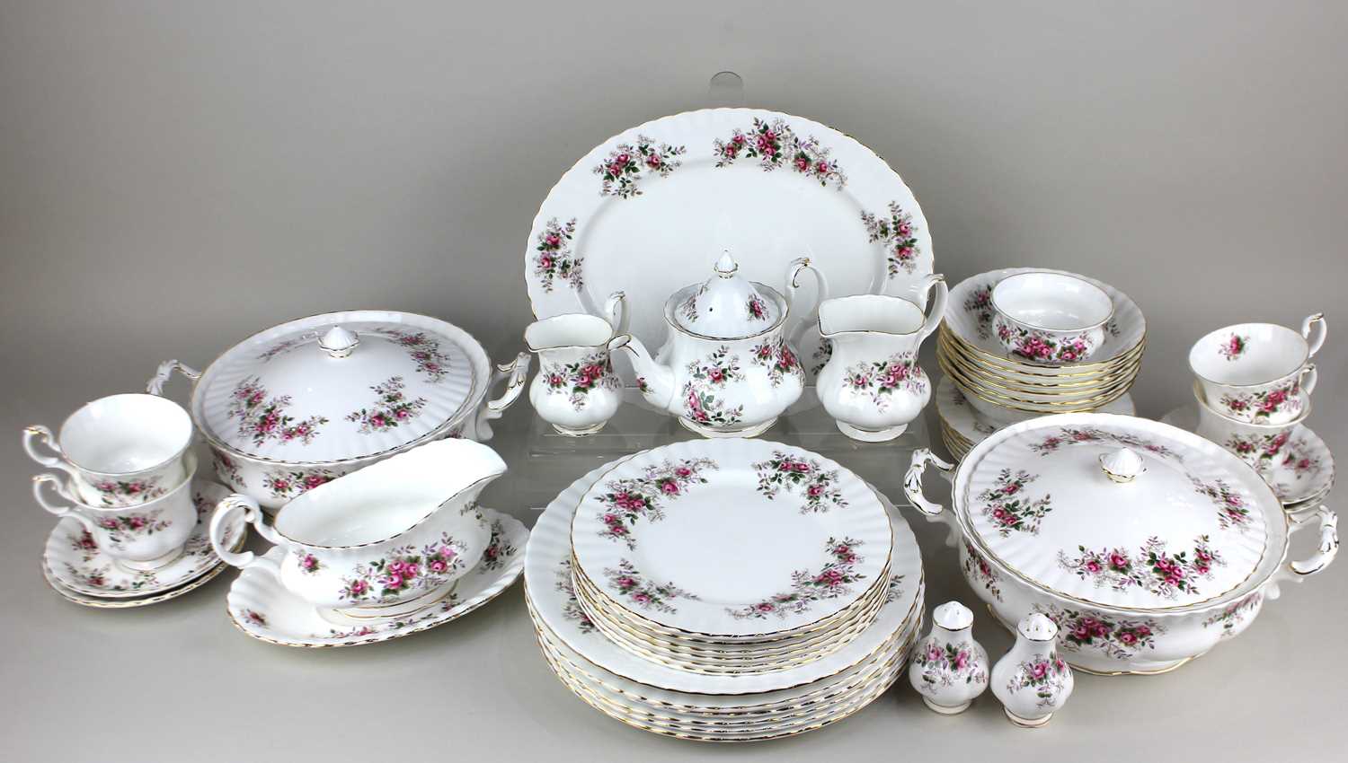 A Royal Albert 'Lavender Rose' porcelain part tea and dinner service, comprising small teapot