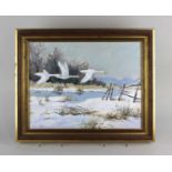 John Stephen (b 1926), snow covered landscape with swans in flight 'Winter Marshes', oil on board,