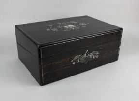 A Victorian coromandel and mother of pearl inlaid writing slope with floral decorated lid 35cm