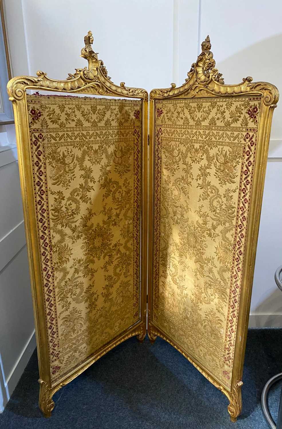 A Louis XV style gesso and giltwood framed room screen with two folding panels each panel 164cm by