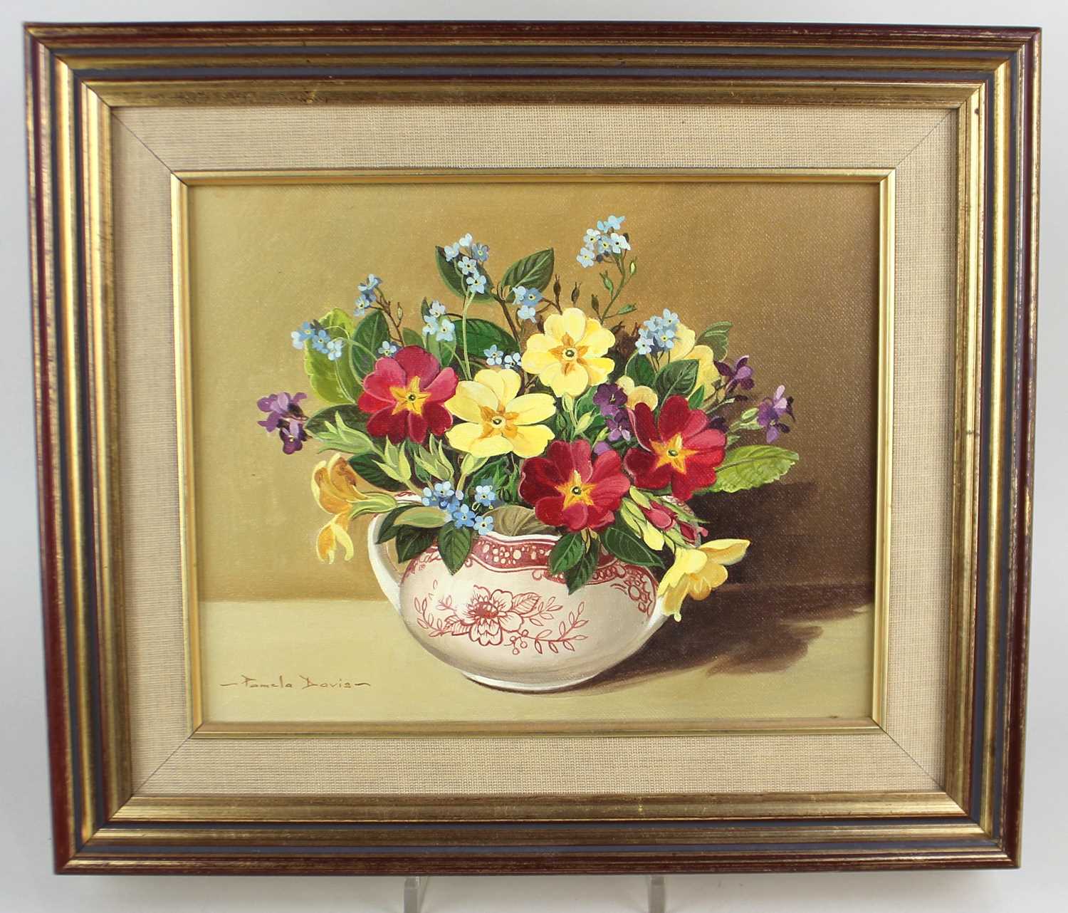 Pamela Davis, floral still life with primroses, 'May Posy', oil on board, signed, 19cm by 24cm, with