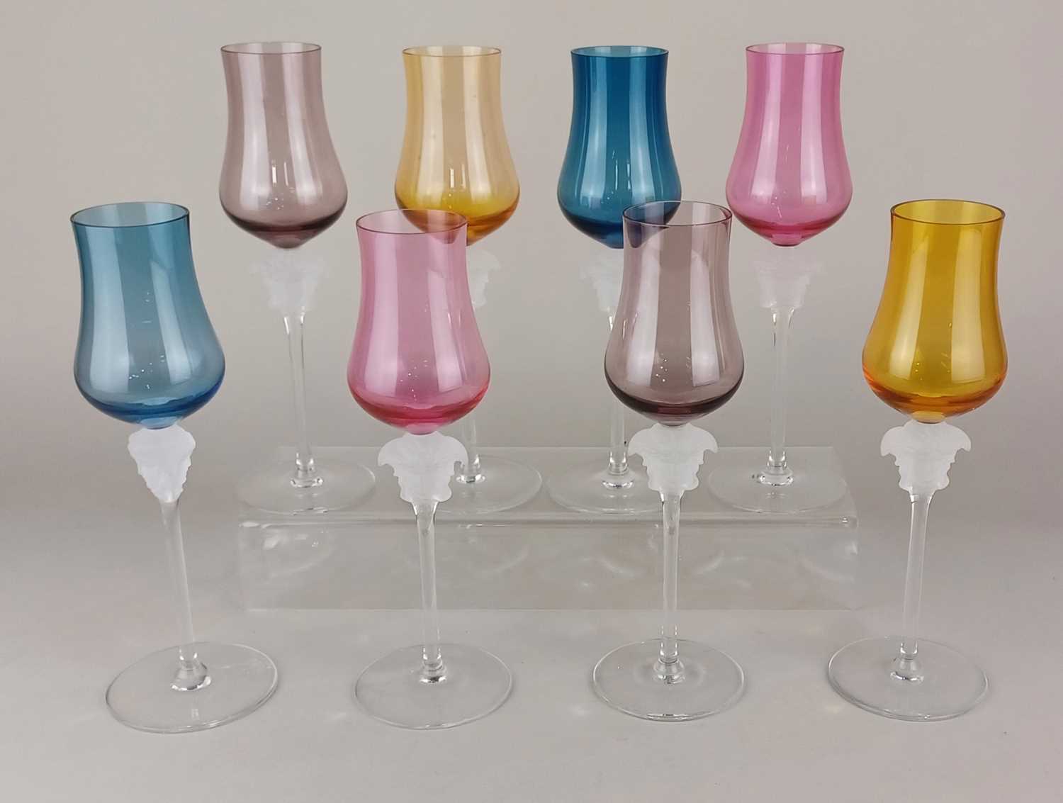 Eight Versace Rosenthal Medusa Lumiere wine glasses with coloured glass bowls, 21.5cm high, each