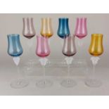 Eight Versace Rosenthal Medusa Lumiere wine glasses with coloured glass bowls, 21.5cm high, each