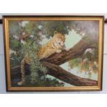 John Stephen (b 1926), leopard in a tree, oil, signed, verso inscribed, 59cm by 80cm