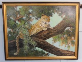 John Stephen (b 1926), leopard in a tree, oil, signed, verso inscribed, 59cm by 80cm