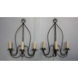 A pair of gilt metal hanging three branch candelabra 76cm high