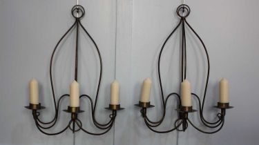 A pair of gilt metal hanging three branch candelabra 76cm high