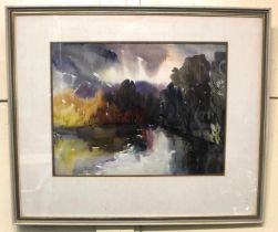 F Quinlan (20th century), lake scene, 'Autumn Reflections', watercolour, signed, verso inscribed,