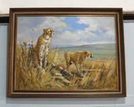 John Stephen (b 1926), cheetahs in a landscape, oil on board, signed, 45cm by 59cm, with Medici