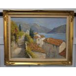 John Stephen (b 1926), Swiss lake side view, 'Lake Lugano', oil on board, signed, verso inscribed,