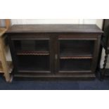 An oak cabinet with two glazed panel doors enclosing shelf with tooled leather fringe, on plinth