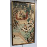 A framed Chinese painting on rice paper of figures engaged in various pursuits in a garden setting