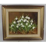 Pamela Davis, snowdrops, oil on board, signed, 19cm by 24cm, with paper receipt from the Crane