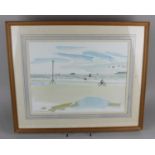 Local interest, Nigel Purchase, beach scene with figure on a bicycle and distant boats, watercolour,