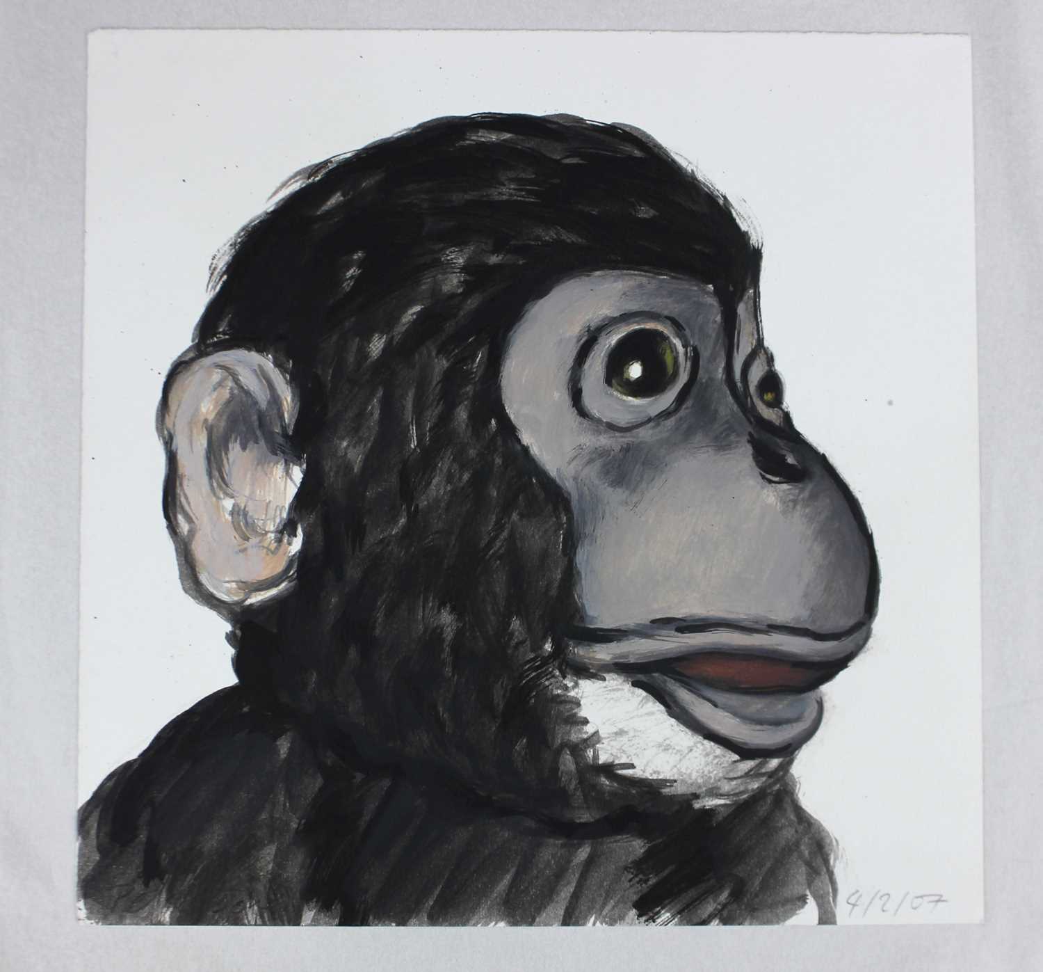 Peter Jones (b 1968), monkey, oil on paper, dated 4/2/07 and signed in pencil, 20.5cm by 20.5cm,