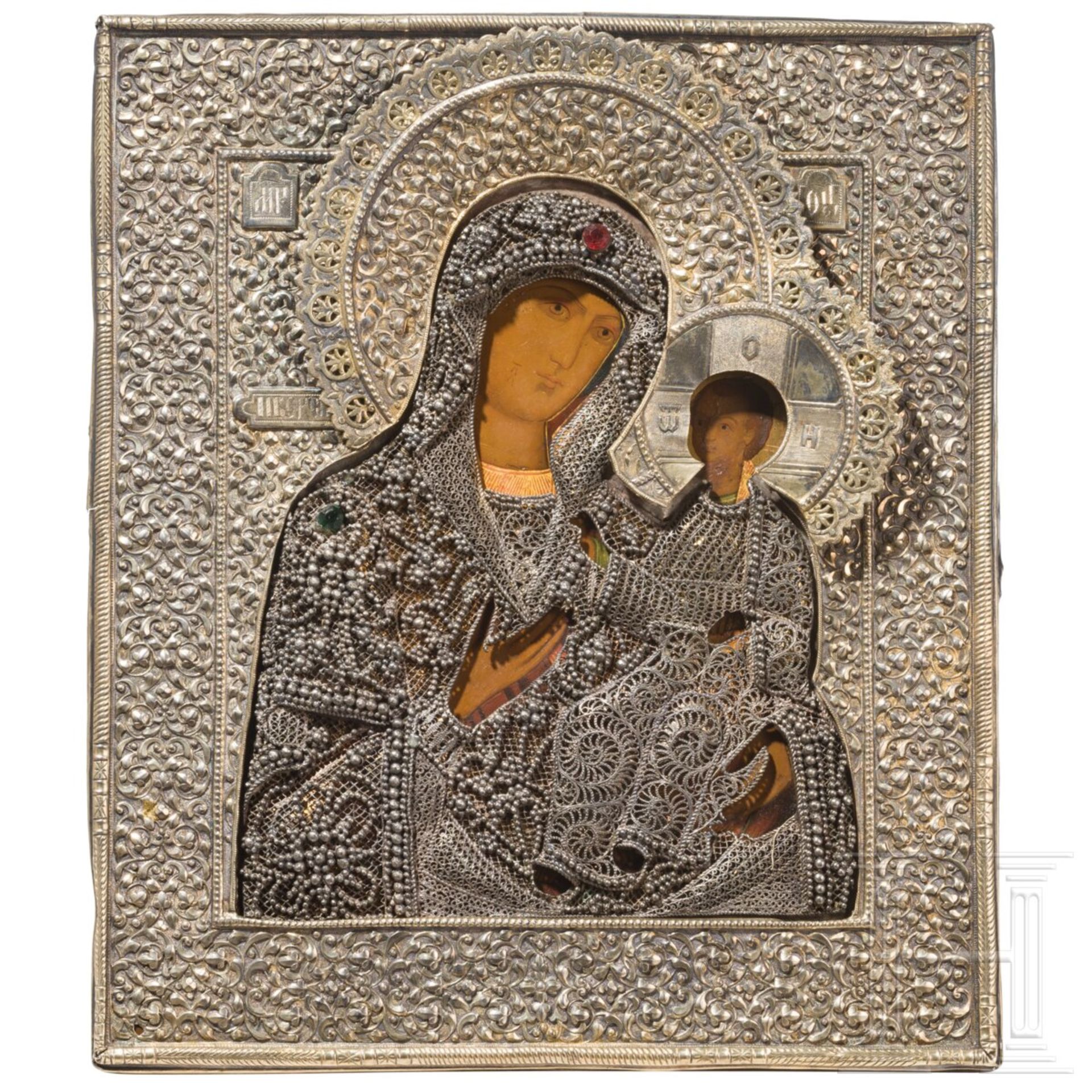 Ikone mit der Gottesmutter Iwerskaja mit Silberoklad und Silberfiligran, Russland, 19. Jhdt. (Ikone)