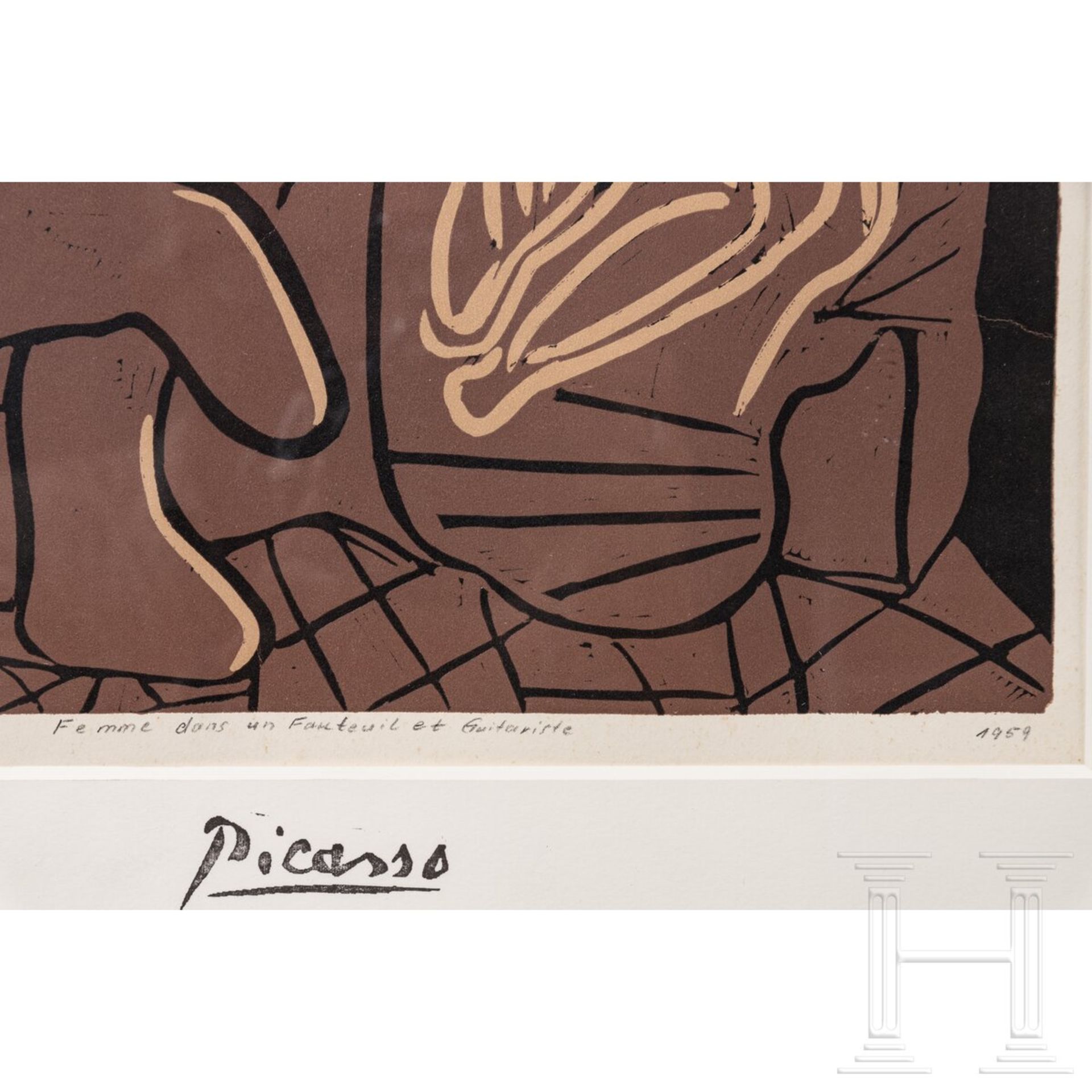 Nach Pablo Picasso, "Femme dans un Fauteuil et Guitariste", Linolschnitt, Frankreich, 2. Hälfte 20.  - Bild 2 aus 3