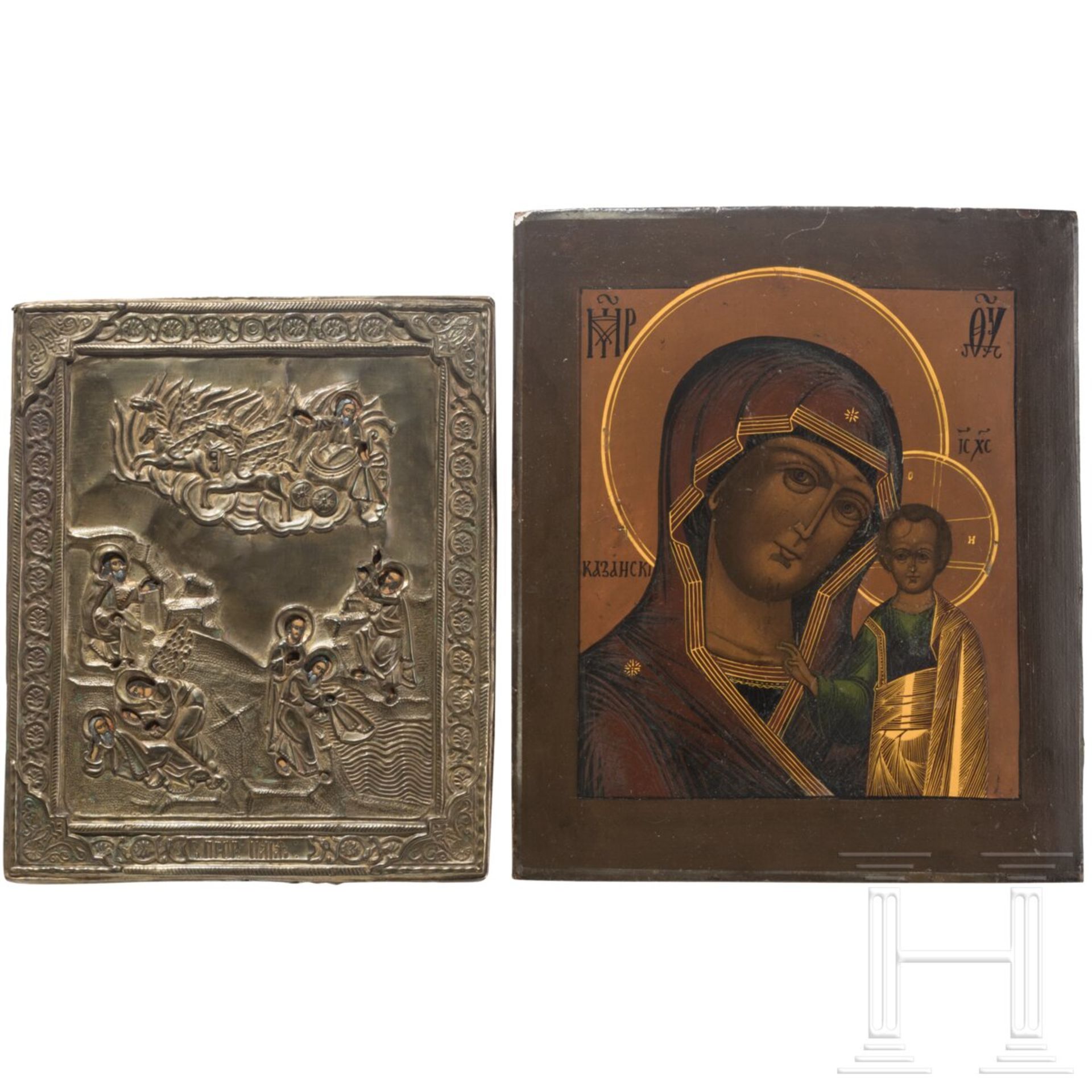 Ikone mit der feurigen Himmelfahrt des Propheten Elias mit Oklad und Ikone mit Gottesmutter von Kasa