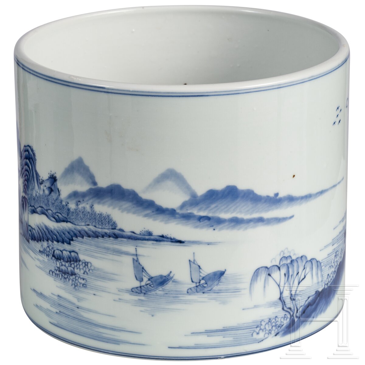 Großer blau-weißer Pinseltopf mit Berglandschaft, China, 19./20. Jhdt. - Image 3 of 16