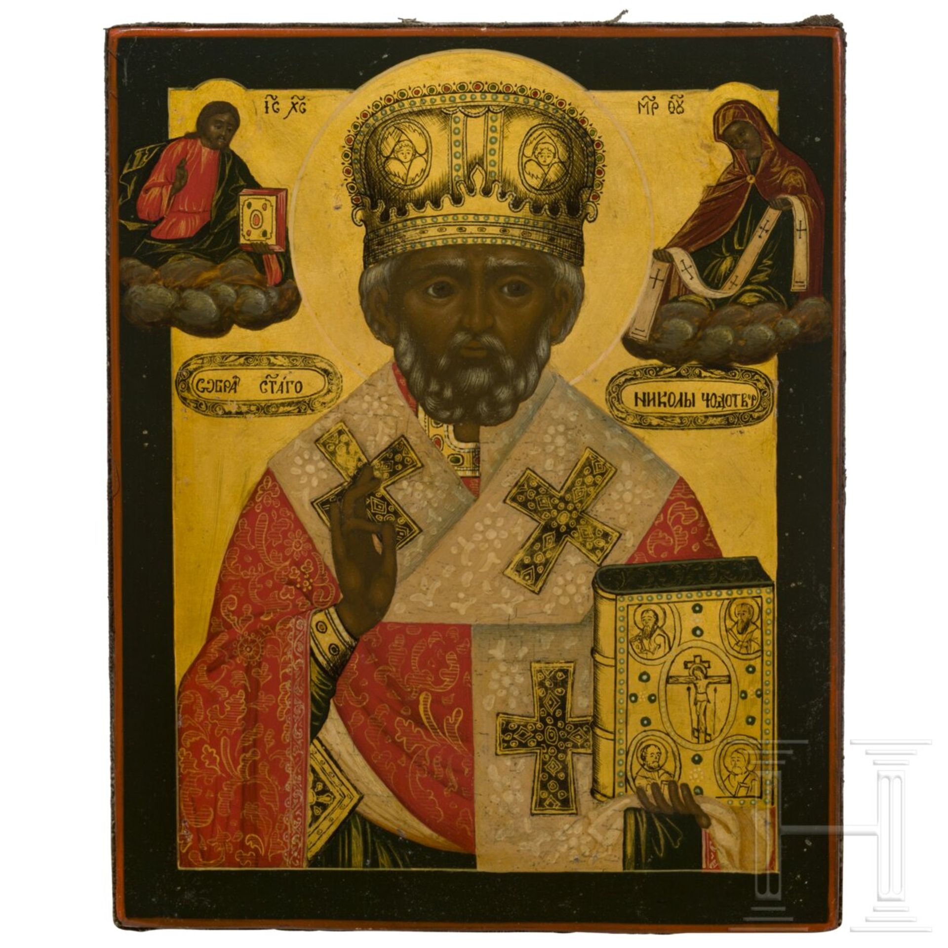 Ikone mit dem Heiligen Nikolaus von Myra mit Silberoklad, Russland, 2. Hälfte 19. Jhdt. (Ikone), Mos - Bild 2 aus 8
