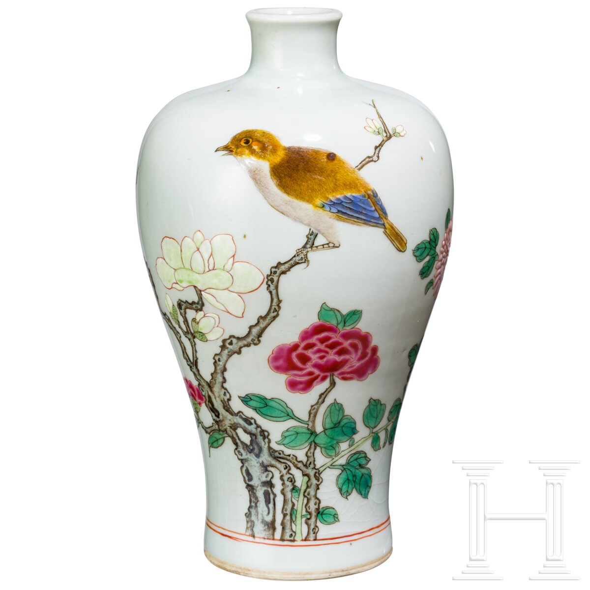 Famille-rose-Meiping-Vase mit Vogel und Blüten, China, wohl Yongzheng-Periode