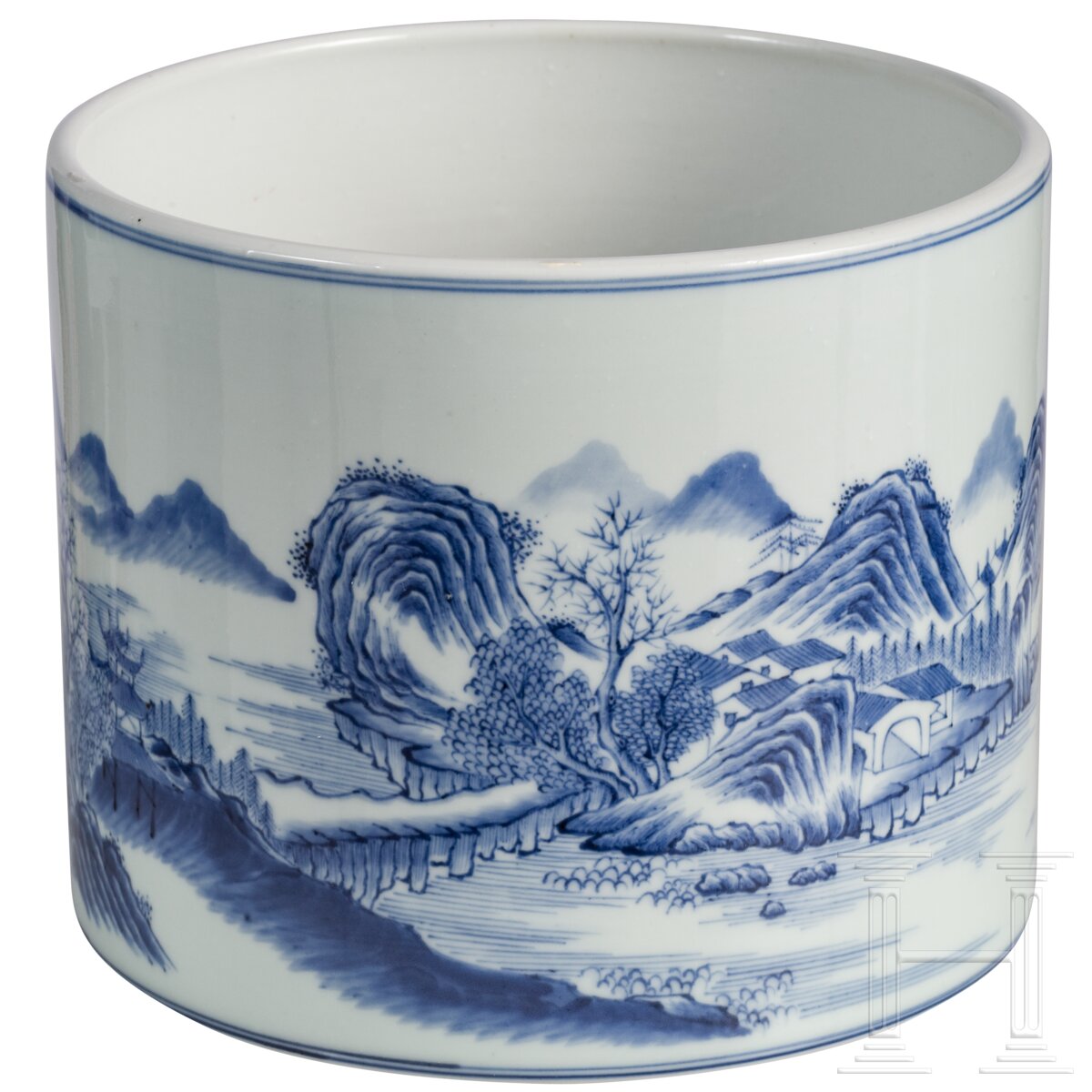 Großer blau-weißer Pinseltopf mit Berglandschaft, China, 19./20. Jhdt. - Image 2 of 16