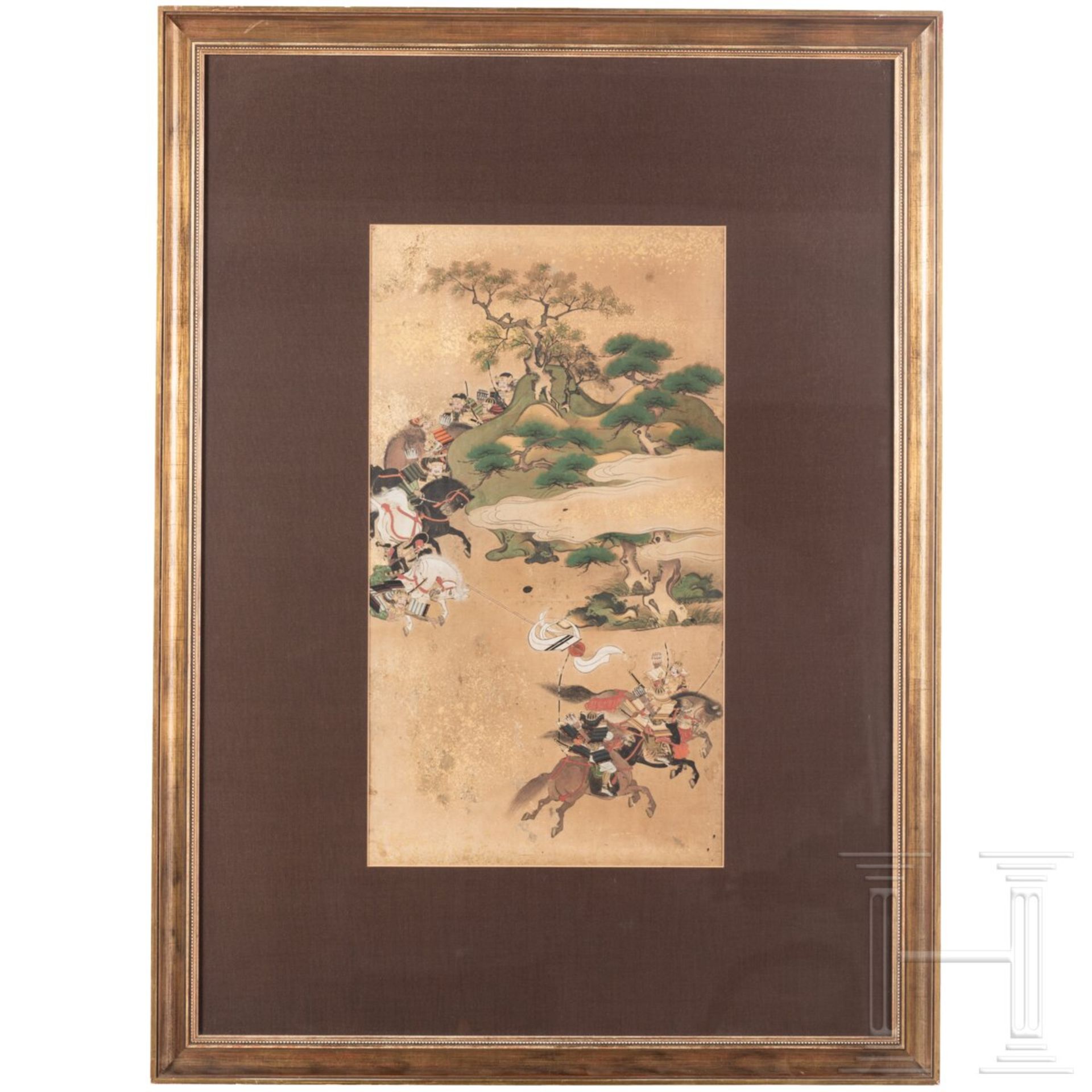 Kämpfende Samurai, Rimpa-Blattgoldmalerei, Japan, Edo-/Meiji-Periode